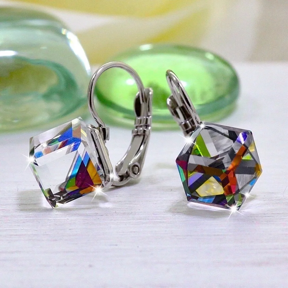 Any 4/$25! Silver Lever Back Multi-Color Crystal Cube Earrings - Picture 1 of 8